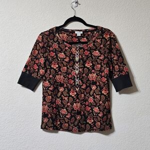 Sundance Blouse Womens S Petites Floral Round Neck 3/4 Sleeve Button Up Pullover